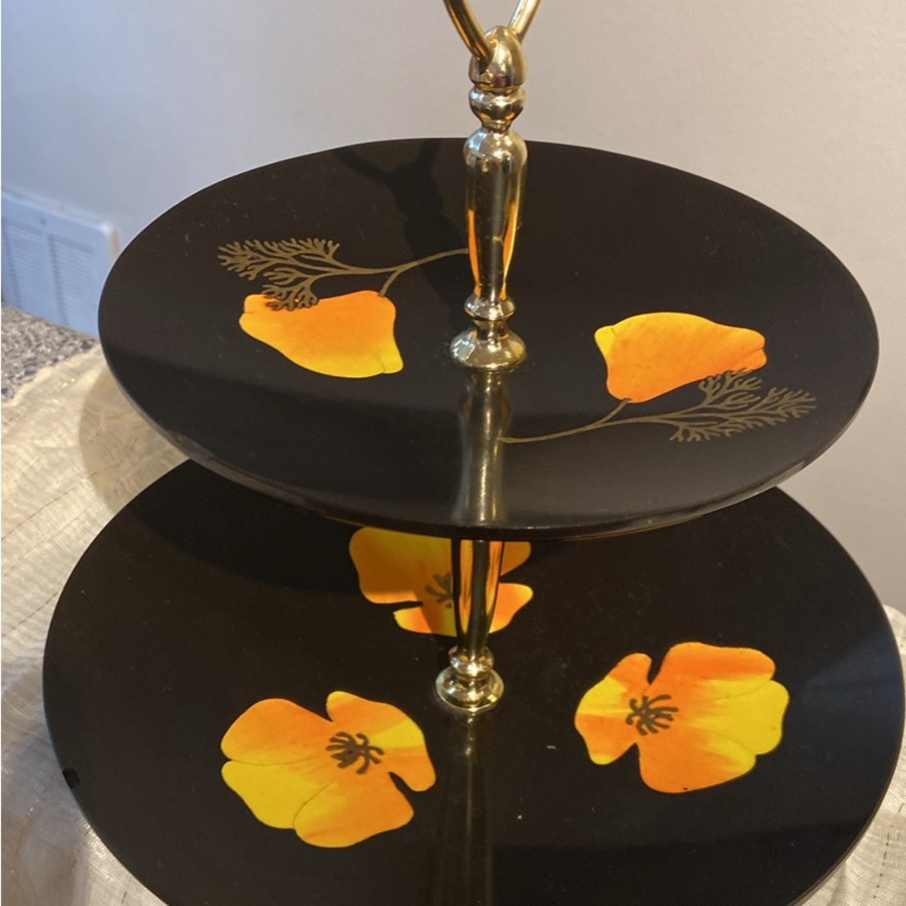 Black and Gold Two-Tiered Jewelry / Serving Tray with poppy Design